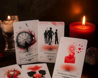 May include: A set of ten tarot cards with illustrations and text in French. The cards are on a dark surface with two lit candles. The cards feature themes of love, time, and infidelity.