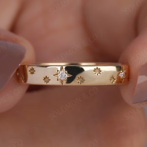 14K Solid Gold Starburst Wedding Band, Dainty Engraved Stacking Ring, Scattered Diamond Anniversary Band