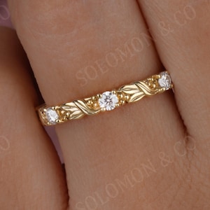 Art Deco Leaf Moissanite Wedding Band, 14K Gold Full Eternity Stacking Ring