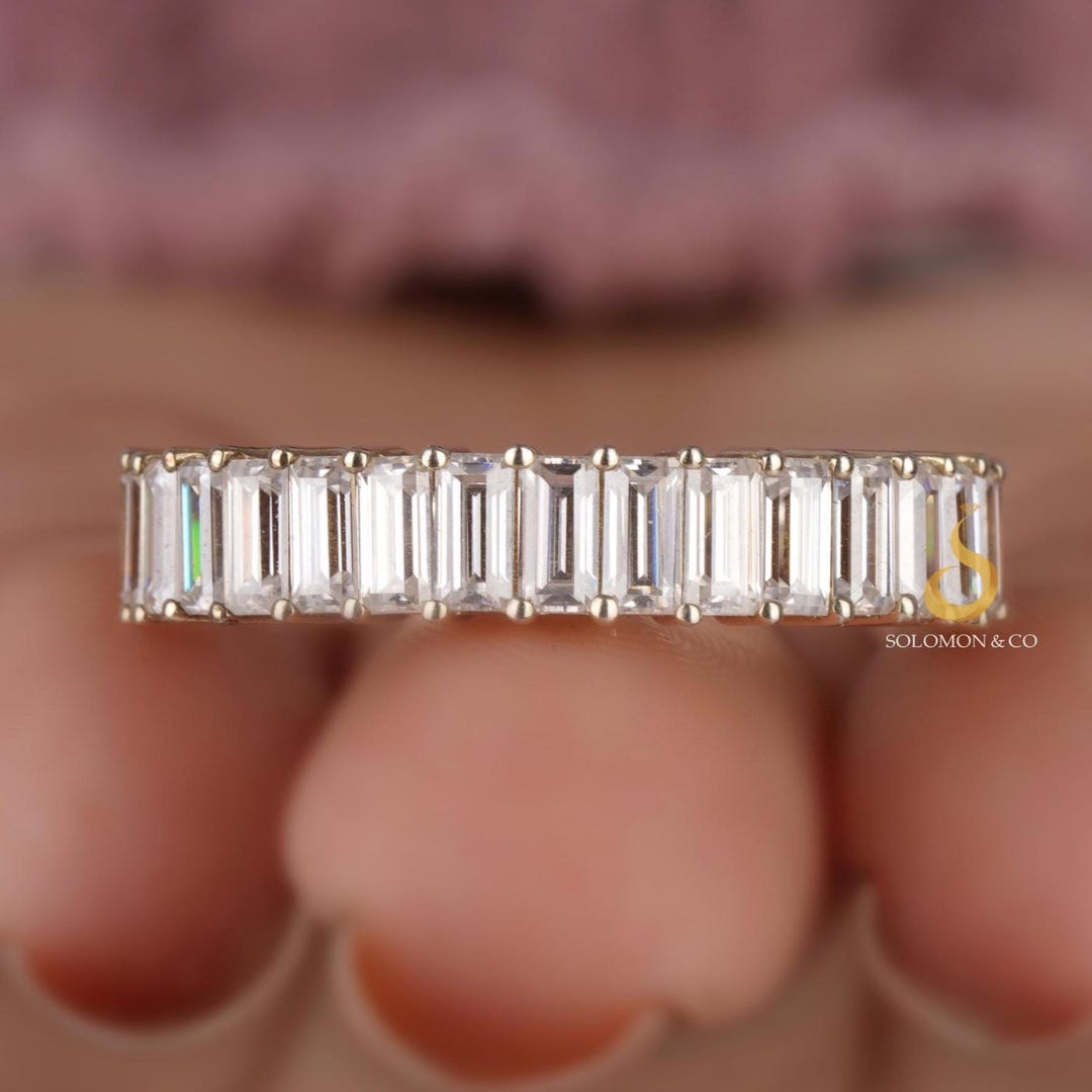 Baguette Wedding Ring 14K Solid Gold Moissanite Wedding Band Half ...