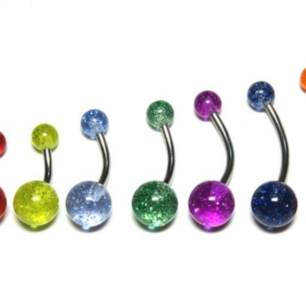 Custom Length Glitter Belly Button Ring. Extra short 1/4" to Extra long 1" sizes. 5mm/8mm balls.