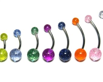Custom Length Glitter Belly Button Ring. Extra short 1/4" to Extra long 1" sizes.