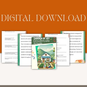 May include: A colorful illustrated book cover with a green and blue landscape, a small white house, and a garden. The title of the book is "Garden of Joy" in English and Thai. The book is designed for learners who want to improve their pronunciation in both English and Thai.