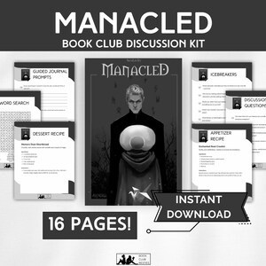 Op de afbeelding: Een discussiekit voor de boekenclub "Manacled" met een centrale afbeelding van een persoon met een groot oog. Bevat woordzoeker, dessertrecept en discussievragen. De kit is 16 pagina's en een directe download.