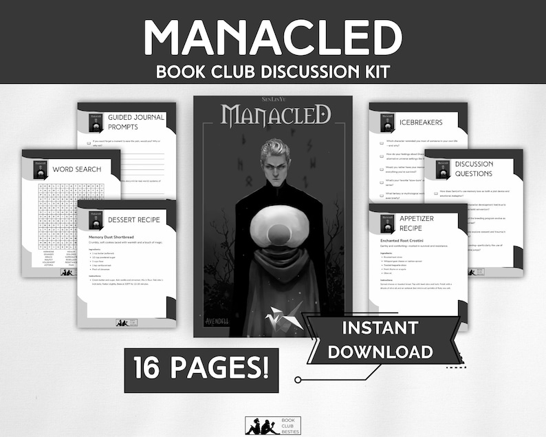 May include: A "Manacled" book club discussion kit featuring a central image of a person with a large eye. Includes word search, dessert recipe, and discussion prompts. The kit is labelled as 16 pages and an instant download.