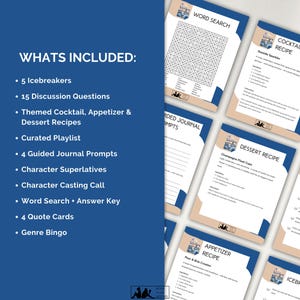 May include: A selection of printable pages in blue and beige. The pages feature a word search, cocktail and dessert recipes, discussion questions, journal prompts, and quote cards. The text "Whats Included" is visible.