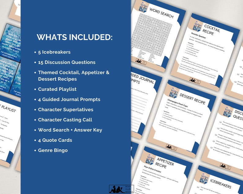 May include: A selection of printable pages in blue and beige. The pages feature a word search, cocktail and dessert recipes, discussion questions, journal prompts, and quote cards. The text "Whats Included" is visible.