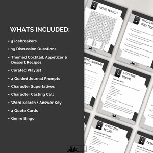 May include: A set of black and white printable pages featuring text. The pages include a word search, discussion questions, cocktail, appetizer, and dessert recipes, journal prompts, and more. The text on the pages includes "What's Included" and "Word Search".