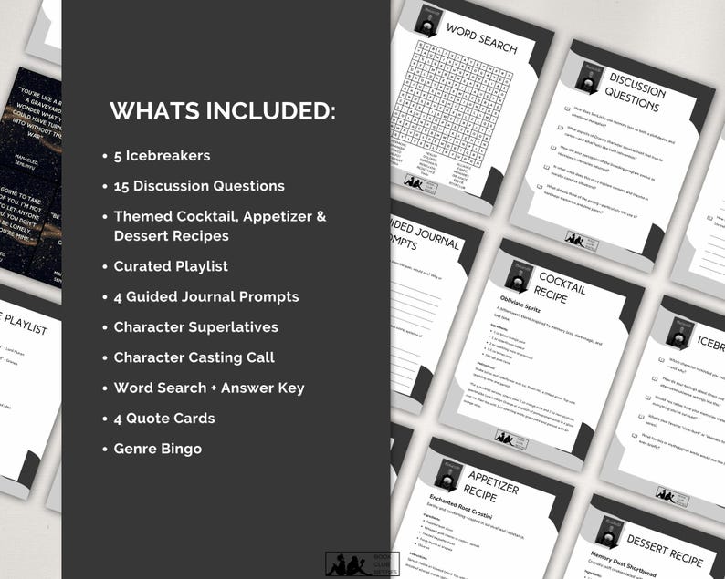 May include: A set of black and white printable pages featuring text. The pages include a word search, discussion questions, cocktail, appetizer, and dessert recipes, journal prompts, and more. The text on the pages includes "What's Included" and "Word Search".