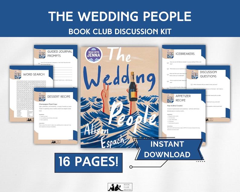 May include: A book club discussion kit for "The Wedding People" with a book cover showing a person in water holding a bottle. Includes discussion prompts, recipes, and a word search. The kit is an instant download and has 16 pages.