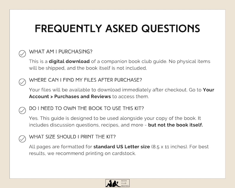 Puede incluir: Una p&aacute;gina crema con el t&iacute;tulo "PREGUNTAS FRECUENTES" en texto negro. El texto responde preguntas sobre una gu&iacute;a digital de club de lectura, incluido el acceso a archivos e instrucciones de impresi&oacute;n. La gu&iacute;a est&aacute; formateada para tama&ntilde;o US Letter (21,6 x 27,9 cm).