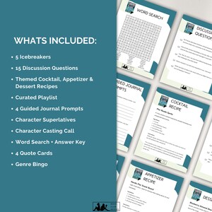 Puede incluir: Un conjunto de p&aacute;ginas imprimibles con diversas actividades, incluyendo preguntas de discusi&oacute;n, recetas y indicaciones de diario. El fondo turquesa resalta las p&aacute;ginas blancas con texto negro, ofreciendo contenido atractivo para un evento tem&aacute;tico.