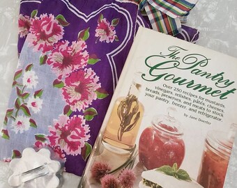 Vintage 50s Purple Floral Hankerchief Hem Apron, Apron Kit, Vintage Cookbook, Cookie Cutter, and Ephemera, Gift, Collectibles