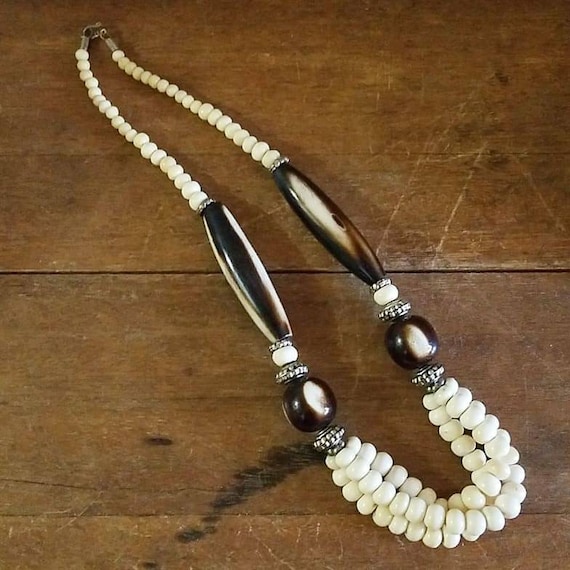 Vintage Beaded Bone and Horn Necklace, Silvertone… - image 1