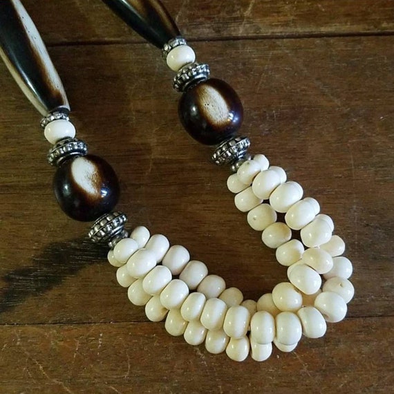Vintage Beaded Bone and Horn Necklace, Silvertone… - image 2