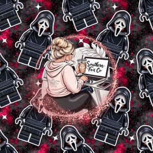 May include: A digital illustration featuring a repeating pattern of black Lego-style figures in Scream masks. A central image shows a person working on a laptop with the text "Southern Fox Co" on the screen, holding a coffee cup. The background is black and red.