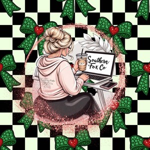 May include: Illustration of a woman working on a laptop with the text "Southern Fox Co." She is wearing a pink hoodie and holding a coffee cup. The background features green bows with red hearts on a black and white checkered pattern.