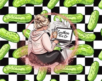 May include: A digital illustration of a woman working on a laptop with the text "Southern Fox Co." on the screen. The background is a black and white checkered pattern with green pickle images.