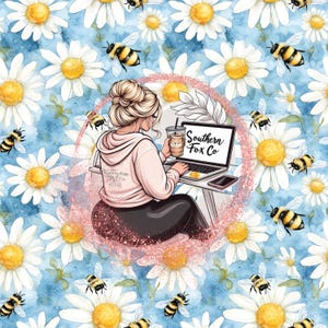 May include: A woman working on a laptop with a cup of coffee in a daisy field. The laptop screen displays the text "Southern Fox Co."