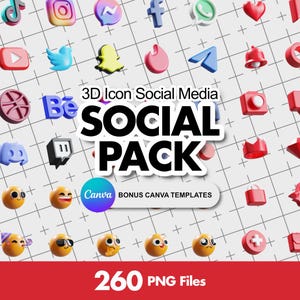 Könnte beinhalten: Eine Ansammlung von 3D-Social-Media-Icons, darunter Instagram, Facebook und Twitter, angeordnet auf einem Rasterhintergrund. Das Bild zeigt den Text "3D Icon Social Media SOCIAL PACK" und "260 PNG Files".