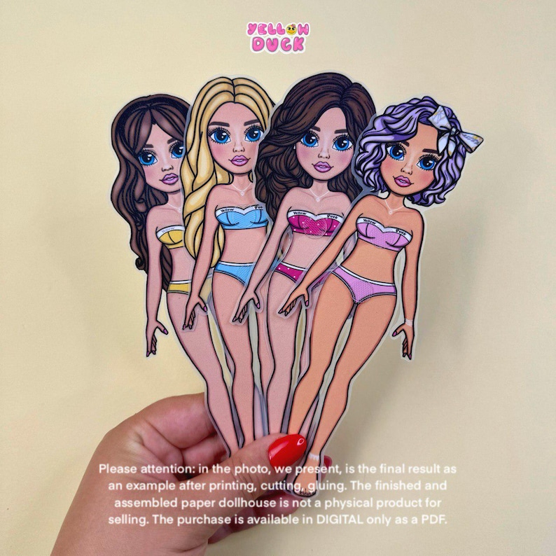 May include: Four paper doll cutouts with different hairstyles and swimwear. The dolls have blue eyes and are in various colors of swimwear. The text "YELLOW DUCK" is at the top. The text at the bottom says the product is a digital PDF.