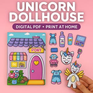 Casa di carta stampabile, kit per stampare e giocare con la bambola unicorno, giocattolo Montessori per bambini, fai da te, download immediato, attività per bambini, libro di attività in formato PDF