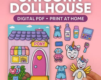 Printable Unicorn Paper Dollhouse Kit (PDF) | Quiet Book Template & Clothes