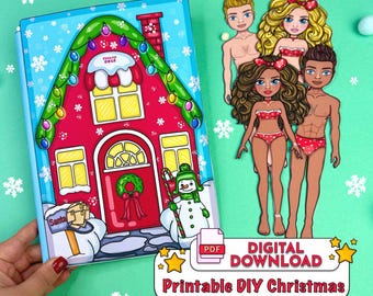 Casa de muñecas navideña imprimible en PDF - Casa de muñecas de papel navideña - Manualidades de papel navideñas para niños y regalos