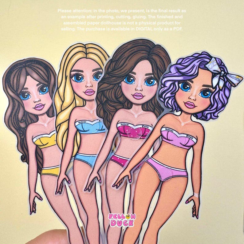 May include: Four paper doll cutouts with different hairstyles and swimwear. The dolls have blue eyes, pink lips, and wear bikinis in yellow, light blue, pink, and purple. The text "YELLOW DUCK" is visible on the bottom right.