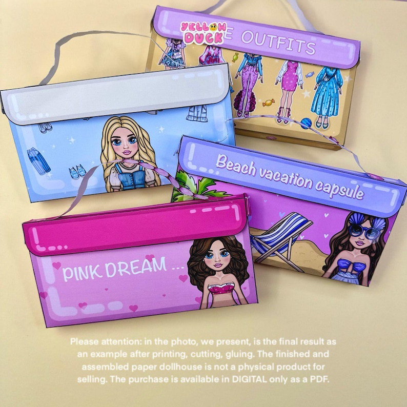 May include: Four colorful paper dollhouse kits with illustrations of dolls and outfits. The kits are labeled "PINK DREAM", "YELLOW DUCK OUTFITS", and "Beach vacation capsule". Each kit features a different theme and design.