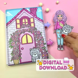 Casa delle bambole di carta stampabile con bambola di carta e gattino - Libro di esercizi e divertimento fai da te per bambini PDF Download digitale, modello Materiali Montessori,
