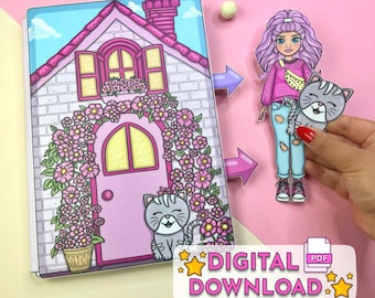 Printable Paper Dollhouse for Girls -  Pink Doll & Kitty Playset - DIY Activity Book (PDF for Easy Crafting)
