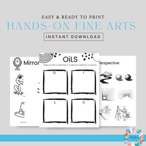 Può includere: Una risorsa didattica di arte stampabile con il testo "EASY & READY TO PRINT HANDS-ON FINE ARTS INSTANT DOWNLOAD". Le pagine presentano illustrazioni di uno specchio, una rana, un cappello e la parola "OILS" con quadrati per disegnare.