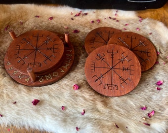 Hand Burnt Vegvisir Viking Coasters | Runic Decor