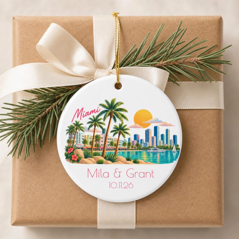 Personalized Miami Ornament, Miami Wedding Gift, Custom Couple Ornament Personalized Miami Ornament, Miami Wedding Gift, Custom Couple Ornament