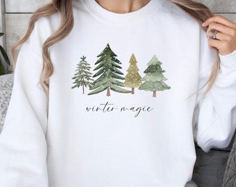Grüner Baum-Weihnachtspullover, Weihnachts-Sweatshirt, fröhliche und helle Bäume, Frau im Urlaub Shirt, Weihnachtsgeschenk, niedliches Urlaub-T-Shirt, Hygge