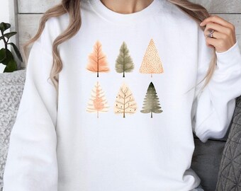 Grüner Baum-Weihnachtspullover, Weihnachts-Sweatshirt, fröhliche und helle Bäume, Frau im Urlaub Shirt, Weihnachtsgeschenk, niedliches Urlaub-T-Shirt, Hygge