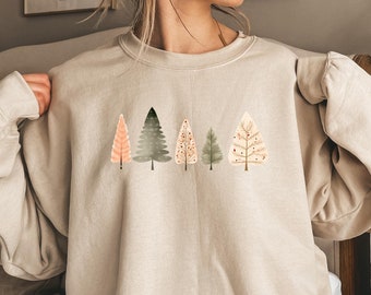 Grüner Baum-Weihnachtspullover, Weihnachts-Sweatshirt, fröhliche und helle Bäume, Frau im Urlaub Shirt, Weihnachtsgeschenk, niedliches Urlaub-T-Shirt, Hygge