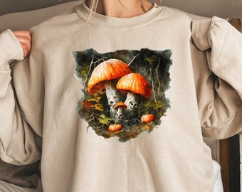 Erntedank-Sweatshirt, Herbst Kaffee Sweatshirt Frauen, Herbst Rundhalsausschnitt Pilz Sweatshirt, Kürbis-Shirt, Halloween, Herbst-Shirt, Aquarell