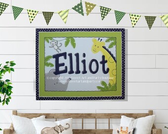 Personalized Safari Boy Name Sign for Nursery, Above the Crib Wall Art, Custom Jungle Baby Boy Name Painting, Elephant Giraffe Monkey