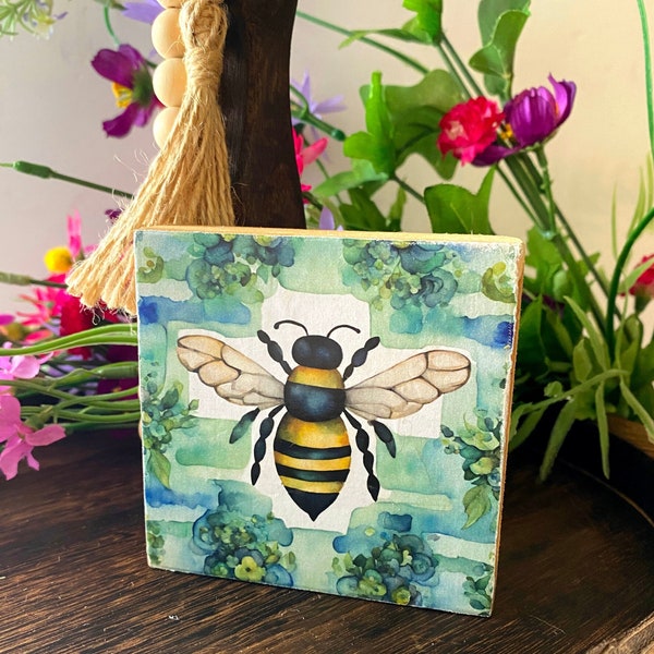 Bee Mini Garden Wood Block with Easel, Tiered Tray, Shelf Sitter, Garden Sign, Watercolor Art Print, Bookshelf Home Decor, Bumblebee