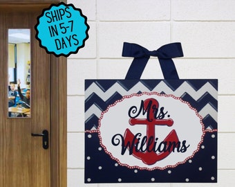 Teacher Name Sign, Canvas sign, Nautical, Anchor, Chevron, Teacher door, Classroom decor, Hand Painted, Teacher gift. Teacher Appreciation