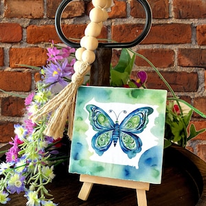 Butterfly Mini Garden Wood Block with Easel, Tiered Tray, Shelf Sitter, Small Garden Sign, Watercolor Art Print, Bookshelf Sign Home Decor,
