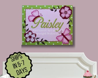 Nursery Name Sign, Baby Name Sign, Butterfly Wall Art, Pink and Green Nursery Painting,
