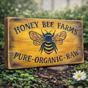 May include: Wooden sign with the text "HONEY BEE FARMS PURE-ORGANIC-RAW" in dark blue lettering. A detailed illustration of a bee is centered on the yellow-painted wood. The sign has a rustic, weathered appearance, suggesting outdoor use.