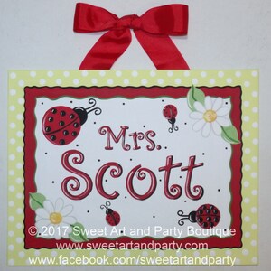 Personalized Ladybug Flower Teacher name sign, gift, Custom Classroom decor, wall art, classroom door sign, teacher gift, hand painted