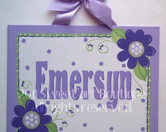 Personalized name sign, Lavender Purple Nursery wall art, girls purple nursery, hand painted, flowers, green, Girls door sign