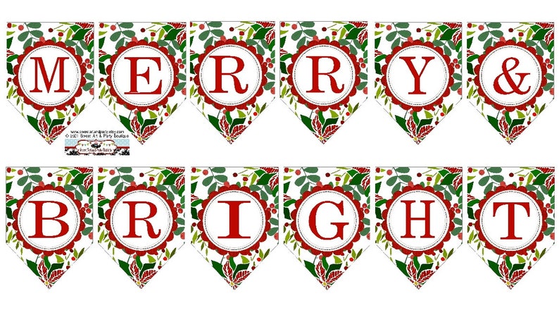Printable Holiday Paper Banner Holly Berry Merry and Bright | Etsy