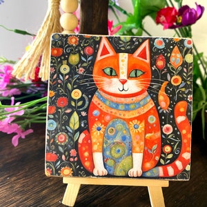 Floral Cat Mini Wood Block with Easel, Tiered Tray Decor, Cottage Decor, Shelf Sitter, Watercolor Art Print, Orange Tabby, Bookshelf Decor
