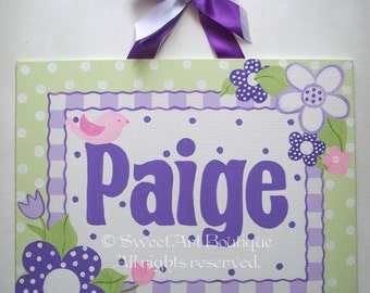 Floral Girls Door Sign, Girls Wall Art, Purple Green name sign, Nursery Wall Art, Girls Room Decor, Baby Girl newborn Gift